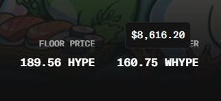 The image displays a floor price tag of $8,616.20, showing 189.56 HYPE and 160.75 wHYPE, with Japanese text indicating the user purchased HYPE at an offer price and noting the price has dropped. The image directly illustrates the user's comment about buying HYPE at $8,616 and observing that the price has since decreased.