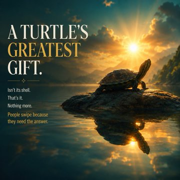 The image features a turtle sitting on a rock, with its shell facing towards the right side of the photo. The background shows a beautiful sunset over water, creating a serene atmosphere. Below the turtle's shell, there are two lines of text that read "A TURTLE'S GREATEST GIFT."