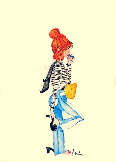 A watercolor and ink fashion illustration of a red-haired woman in a striped top, blue pants, and heels holding a coffee cup, signed 'Birsha'.