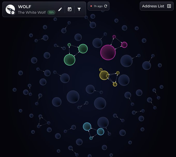 A dark network visualization interface labeled 'WOLF - The White Wolf' showing connected nodes in green, pink, yellow, and blue colors.