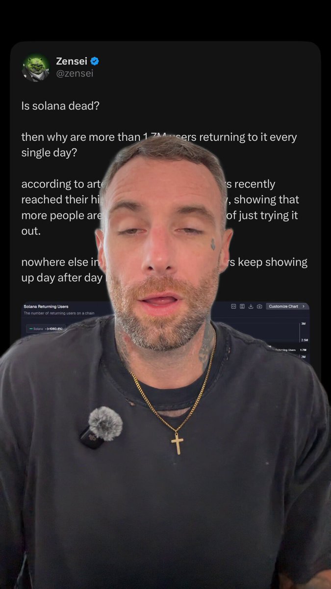 The image shows a man wearing a black t-shirt, sitting down at his computer desk while looking at a screen displaying a message from someone named "Brother" who has posted a photo of himself with the caption "No solana bull is not dead". The man appears to be engaged in a conversation or discussion about this post.