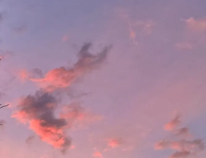 A serene sunset or sunrise sky filled with pink and purple-tinted clouds.