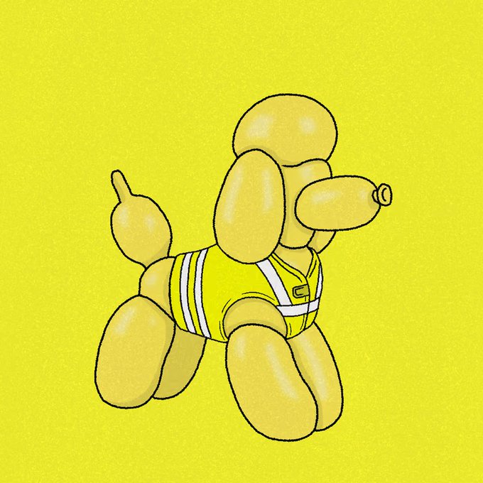 An illustration of a yellow balloon dog wearing a yellow and white striped top, set against a solid yellow background.