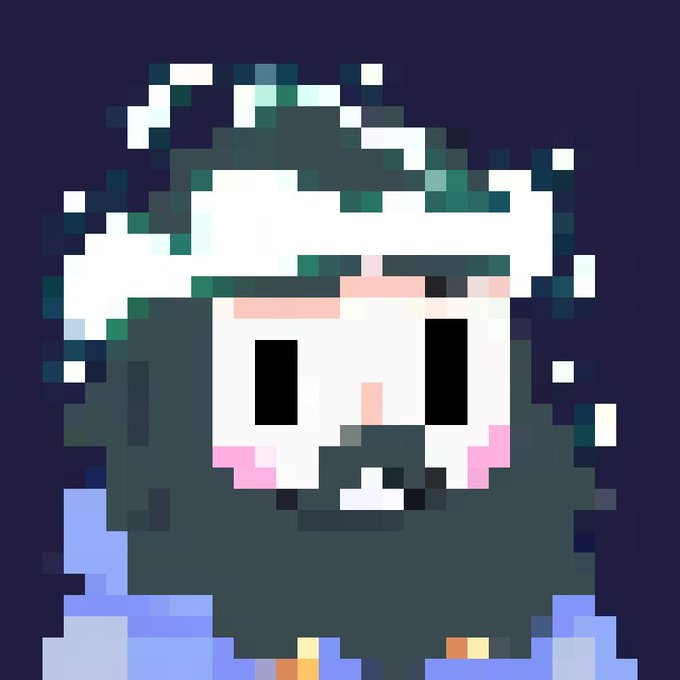 A pixel art portrait of a character with dark hair, pale skin, pink cheeks, and black rectangular eyes set against a dark purple background.