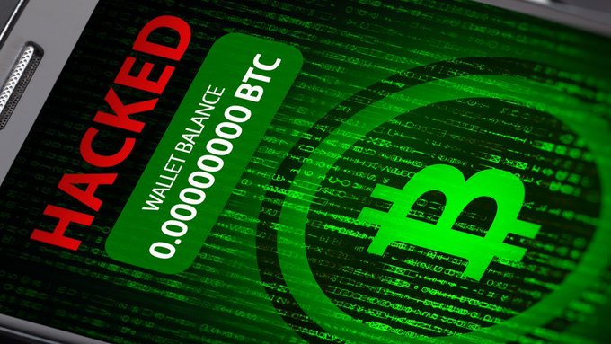 A smartphone screen displays a "HACKED" notification with a balance of "0.00000000 BTC" alongside a large green Bitcoin symbol, symbolizing the depletion of funds from a compromised wallet. The image visually reinforces the article's message about a hacker draining 64 BTC and 200 ETH ($380,000) from a Coldwallet and laundering the assets through crypto mixers.