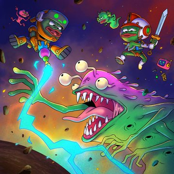 A colorful, cartoonish scene shows a wide-eyed purple and green monster being zapped with blue energy from a ray gun wielded by a red-helmeted character, while a second astronaut-like figure floats nearby amid floating rocks and cosmic debris. The vibrant, action-packed artwork fits the post's invitation to artists to unleash their creativity in an art contest, capturing the playful, adventurous spirit encouraged by "GM Explorers."