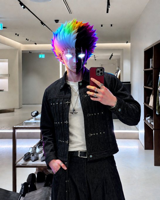 A person takes a mirror selfie in a modern retail store, wearing a dark embellished jacket, white tee, and multiple rings, with an anime-style overlay of a character with rainbow spiky hair and glowing eyes edited above their head. The "gm frens > tgif let's win today" caption suggests a playful, energetic Friday morning greeting to followers, fitting the vibrant, stylized aesthetic of the post.