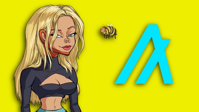 Digital illustration on a yellow background featuring a blonde cartoon woman, a small bee emoji, and a large cyan stylized 'A' logo.