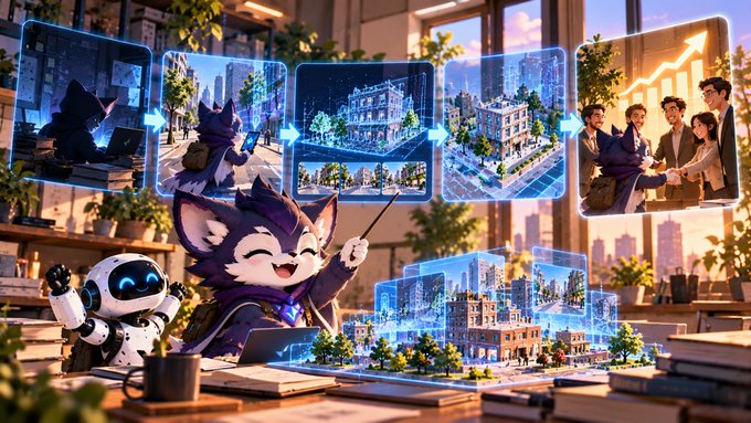 An illustration of a cartoon cat and a small robot in an office setting, with holographic screens showing architectural designs and business meetings.
