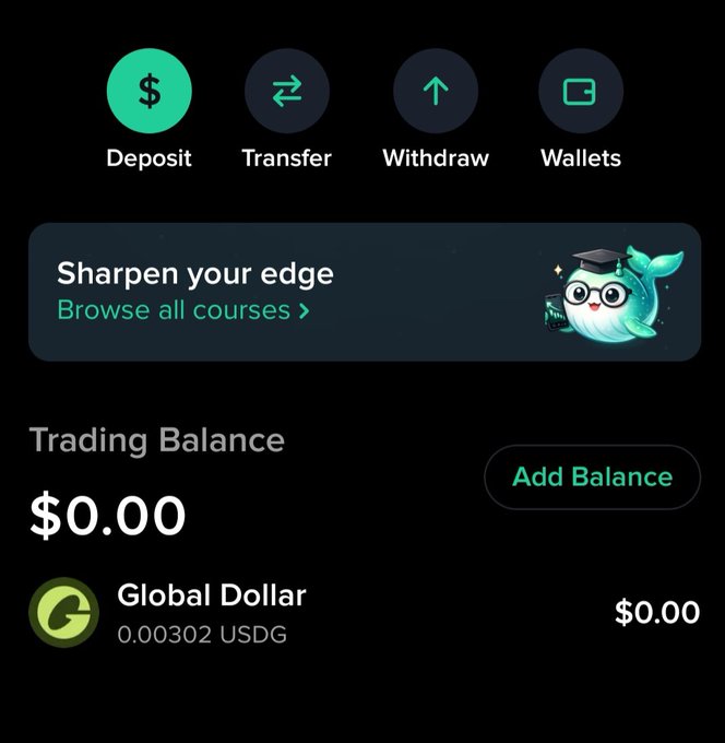 A screenshot of a financial app interface with options for 'Deposit', 'Transfer', 'Withdraw', and 'Wallets', showing a 'Trading Balance' of $0.00 and 'Global Dollar' holdings.