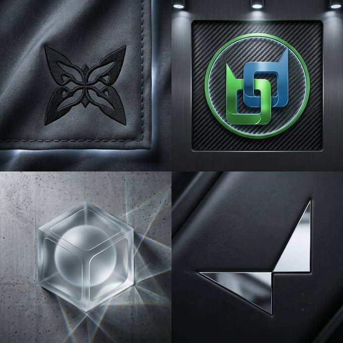 A collage of four images showcasing various metallic or embroidered logos, including a butterfly on fabric, a green and blue 'M' emblem, a glowing 3D cube, and a sleek arrow design on a dark surface.