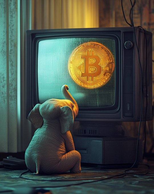 A digital artwork of a baby elephant looking at a Bitcoin symbol displayed on an old CRT television.