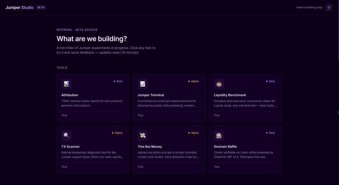 The Jumper Studio 'What are we building?' interface listing internal beta tools like Attribution, Jumper Terminal, Liquidity Benchmark, and TX Scanner.