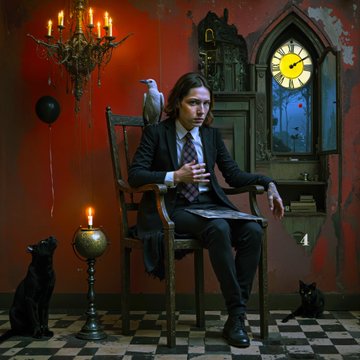 A surreal painting of a man in a suit holding a glass while seated in a gothic room with red walls, a grandfather clock, a white bird, and black cats.