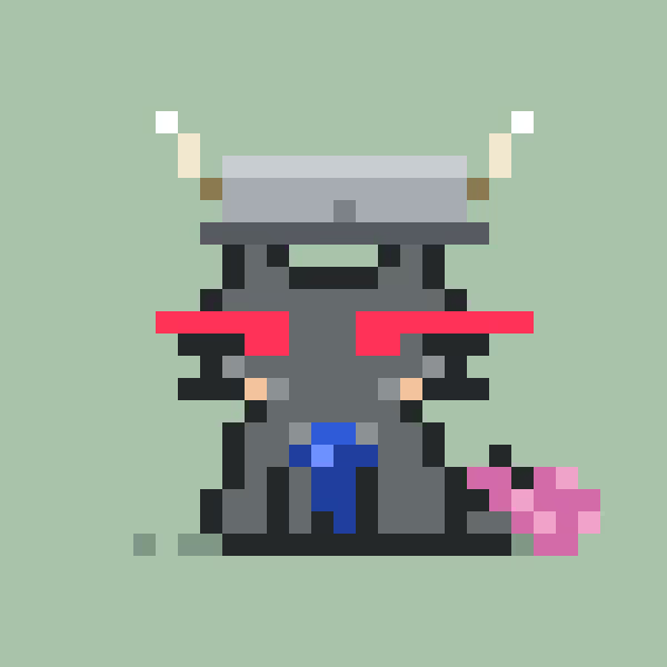 A pixel art character wearing samurai-style armor and a wide-brimmed hat stands holding a small pink blocky creature against a plain green background.