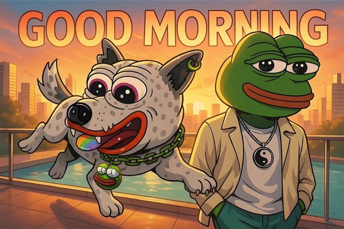 A cartoon-style image with "GOOD MORNING" text at the top, featuring an anthropomorphic dog with a rainbow tongue, a small Pepe frog charm, and a larger Pepe frog wearing a yin-yang necklace against a city skyline at sunset.