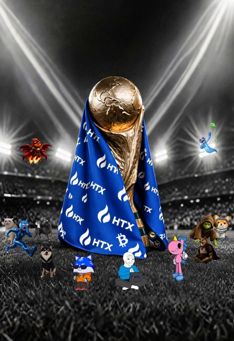 A golden World Cup-style trophy draped in a blue cloth patterned with the "HTX" logo and Bitcoin symbol stands on a stadium pitch, surrounded by various cartoon mascots (including a dragon, monkey, Shiba Inu, and unicorn) under bright floodlights—visually echoing the post's "community champions" theme by presenting crypto-themed characters as contenders for the win.