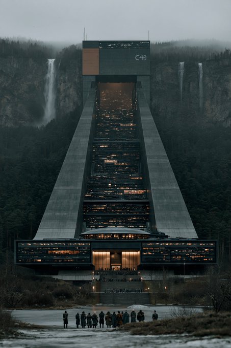 A massive, futuristic building embedded in a mountain features waterfalls cascading down its sides and thousands of illuminated windows, with a group of people gathered at its entrance.