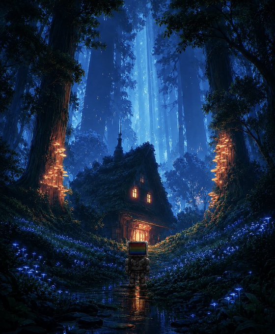 A fantastical digital illustration of a cozy, illuminated cottage nestled in a glowing blue forest at night, with a small figure approaching on a stone path lined with luminescent flowers.