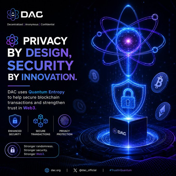 DAC (Decentralized | Anonymous | Confidential) marketing graphic titled 'PRIVACY BY DESIGN, SECURITY BY INNOVATION' promoting Quantum Entropy for Web3 blockchain security.