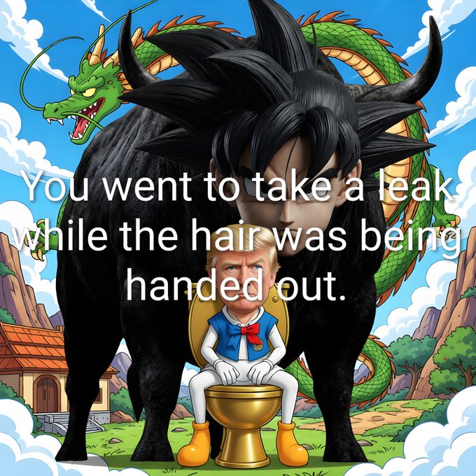 An anime-style illustration featuring a Goku-like character with spiky black hair and a green dragon behind him, while a cartoon Donald Trump sits on a golden toilet in front, with text reading 'You went to take a leak while the hair was being handed out.'