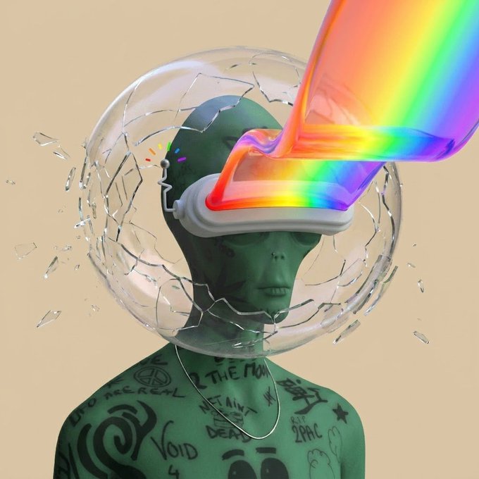 A green-skinned figure wearing a VR headset is trapped inside a shattering glass sphere, with a rainbow-colored stream emerging from the headset. The figure's body is covered in graffiti-style text including "VOID," "2PAC," and "TO THE MOON," reflecting the post's theme of breaking free from constraints.