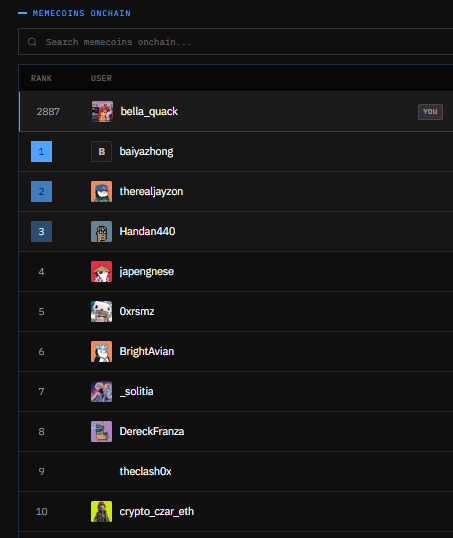 A leaderboard titled 'MEMECOINS ONCHAIN' ranking users by rank, showing 'bella_quack' at rank 2887 with a 'you' tag, followed by users like 'baiyazhong' at 1 and 'therealjayzon' at 2.