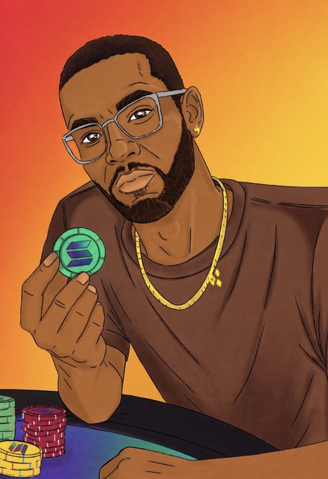 A stylized digital illustration shows a man with glasses and a gold chain holding up a green Solana cryptocurrency chip, with poker chips stacked on a table in the foreground.