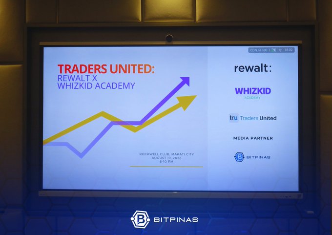 A conference screen displays "TRADERS UNITED: REWALT X WHIZKID ACADEMY" along with logos for rewalt, Whizkid Academy, tru Traders United, and media partner BITPINAS, scheduled for August 19, 2026, at Rockwell Club, Makati City.