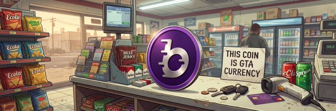 The image depicts a stylized convenience store interior with shelves of snacks, a cashier at the register, and a large purple Bitcoin-style "$B" logo prominently displayed alongside a sign reading "THIS COIN IS GTA CURRENCY," visually tying the crypto's branding to its GTA-inspired theme.