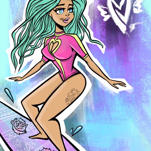 A dynamic cartoon illustration of a girl with long teal hair wearing a pink leotard, posed in front of a graffiti-covered wall.