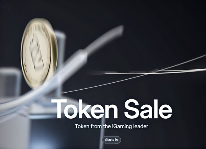 A promotional graphic for a "Token Sale" described as a "Token from the IGaming leader," showing a gold coin and silver geometric structures with a "Starts in" button.