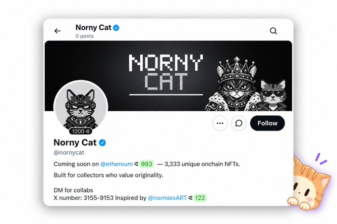 A Twitter/X profile page for "Norny Cat" (@nornycat) with a crown-wearing cat avatar, advertising an upcoming launch of "3,333 unique onchain NFTs" on Ethereum, inspired by @normiesART.