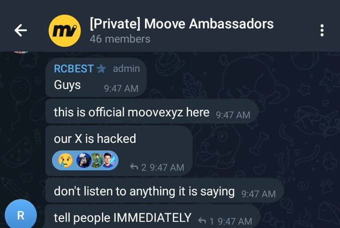 The image shows a screenshot of a text message conversation between two people, likely discussing an issue related to someone's Twitter account being hacked. The message contains several emojis and exclamation marks, indicating a sense of urgency or concern about the situation.