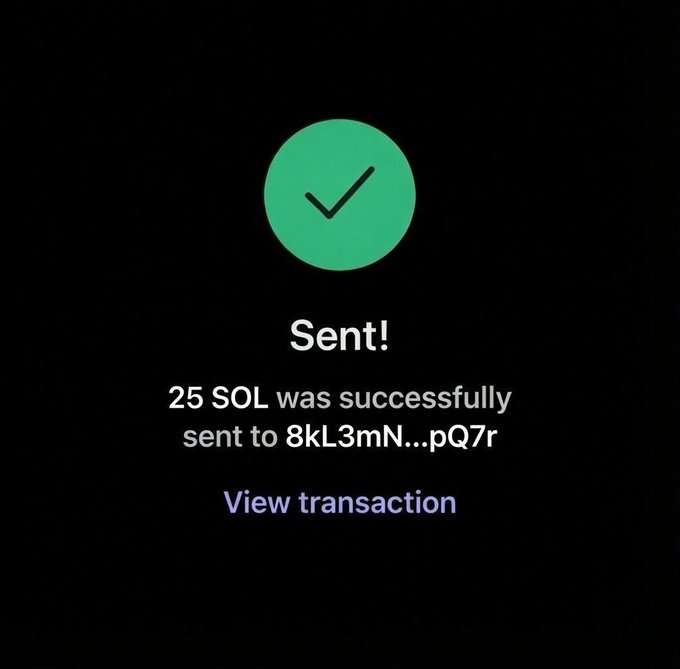 A confirmation screen shows "Sent! 25 SOL was successfully sent to 8kL3mN...pQ7r" with a green checkmark and "View transaction" link. This appears to be the result of a supposed Solana giveaway from @Abhayaitech, though this is a common crypto scam tactic — the small 25 SOL amount is likely meant to build false trust before asking recipients to send funds or connect their wallets for a larger "prize."