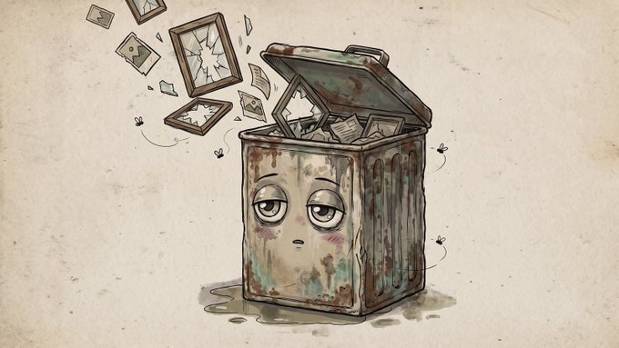 A sad, rusty trash can with a face sits with its lid open, revealing broken picture frames and shards inside. The illustration visually represents the post's concept of TRASHBAG as a collection bin for discarded NFTs from Robinhood Chain.