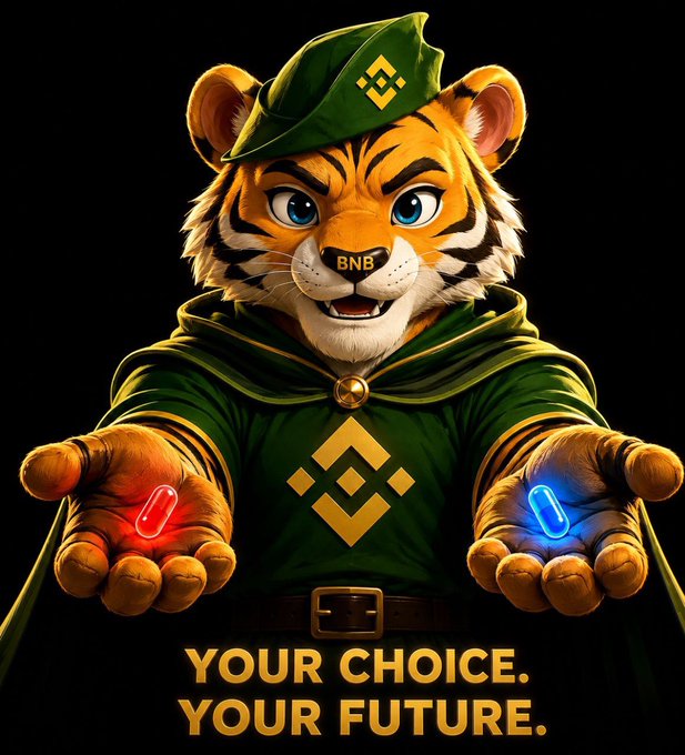 A stylized illustration of an anthropomorphic tiger character wearing a green hooded cloak and a Binance (BNB) branded cap, holding a red pill in one hand and a blue pill in the other with the text 'YOUR CHOICE. YOUR FUTURE.'