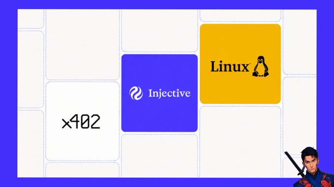 A graphic displays "x402," "Injective," and the Linux Foundation penguin logo on colored blocks, illustrating Injective's new membership in the Linux x402 Foundation alongside major payment and crypto names. The visual emphasizes Injective's placement at the same "table" as Stripe, Coinbase, and Visa in shaping the x402 standard for online payments.