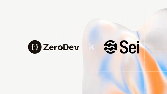 A promotional graphic featuring the "ZeroDev" and "Sei" logos side by side, separated by an "×" symbol, against a white and pastel abstract background.