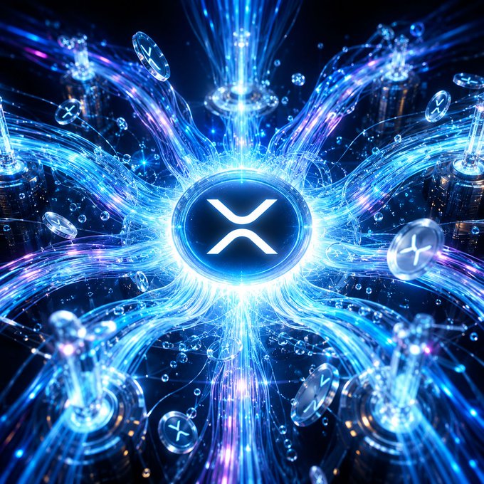 A digital illustration showing a glowing central sphere with the XRP logo emitting bright blue and purple energy streams outward in a radial, network-like pattern.