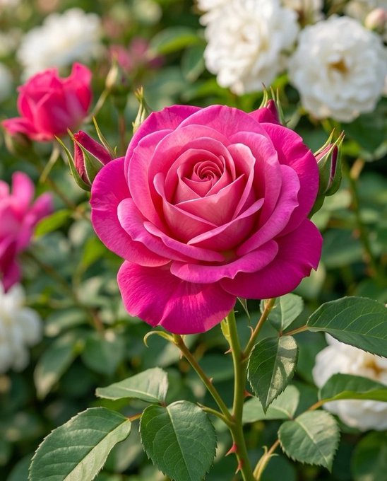 The image features a beautiful pink rose with green leaves, surrounded by other flowers of various colors including white and purple. The focus of the image is on the pink rose, which appears to be the main subject. The background consists of more flowers and greenery, creating an overall sense of depth and natural beauty. The caption provided seems unrelated to the image itself but might be a reference or description about the post featuring the pink rose.