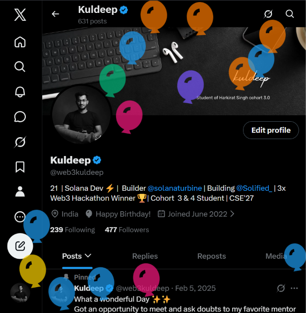 A screenshot of a Twitter/X profile for 'Kuldeep' (@web3kuldeep), a 21-year-old Solana developer from India, decorated with colorful balloon graphics.