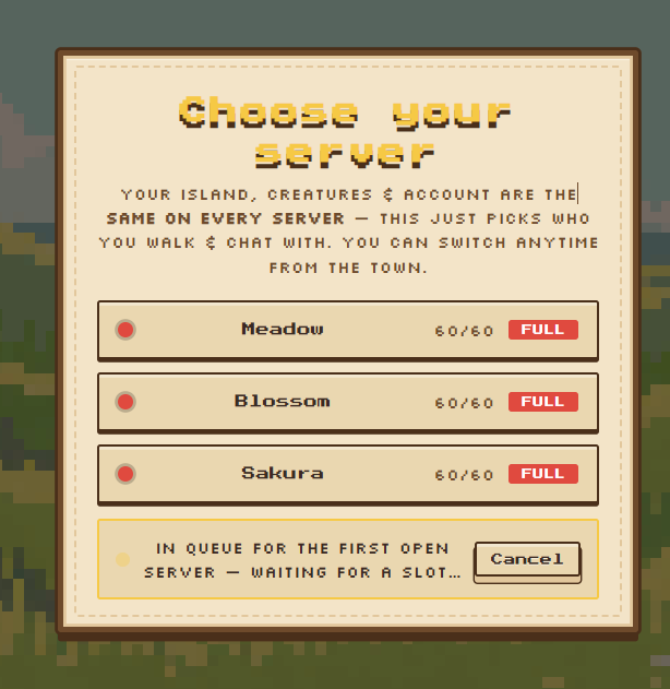 A pixel-art "Choose your server" screen shows that all three servers—Meadow, Blossom, and Sakura—are at capacity (60/60 FULL), forcing users into a queue waiting for an open slot, with a "Cancel" button available. This visual supports the post's complaint that the game is so popular on Solana that even the free servers are completely full, requiring users to wait just to get in to hold their one required token.