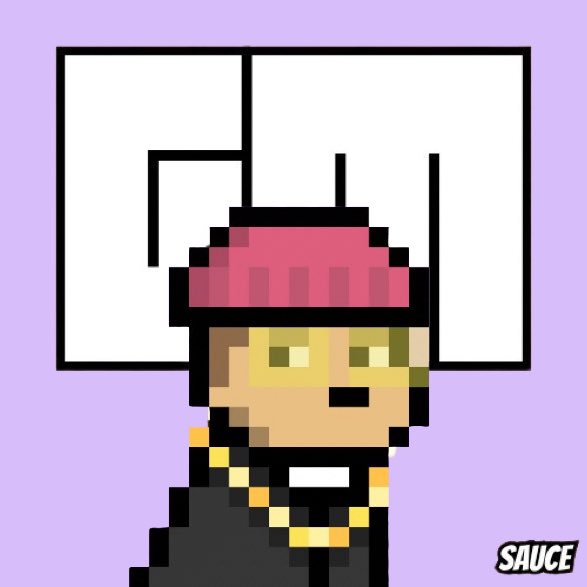 A pixel art character wearing a red beanie and gold chain stands in front of the number "1" on a purple background, with the word "SAUCE" in the corner, symbolizing being a top winner ready to "handle business."