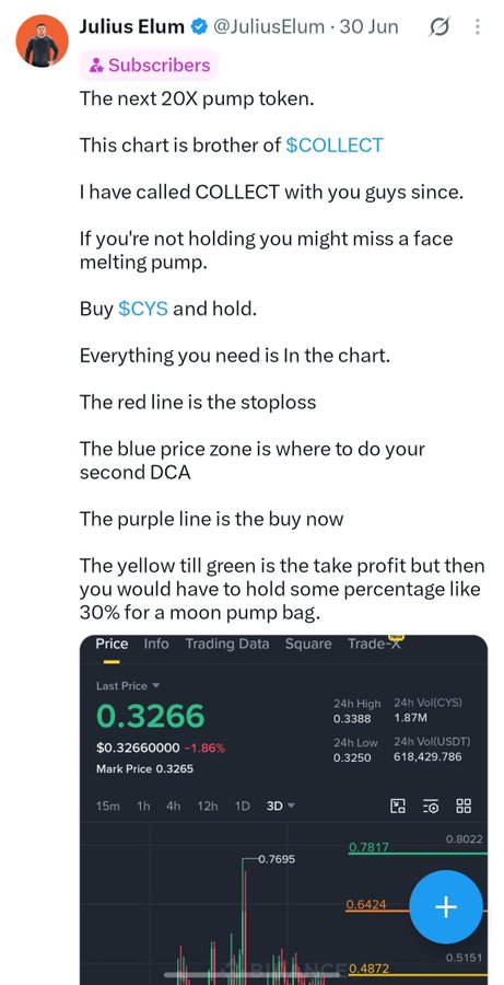A tweet by Julius Elum (@JuliusElum) promoting $CYS as a "20X pump token," displaying a price chart with $CYS at $0.3266 (-1.86%) and key levels marked at $0.7817, $0.6424, and $0.4872, aligning with the accompanying post's claim of a 450% pump over 3 days and his early call to subscribers.