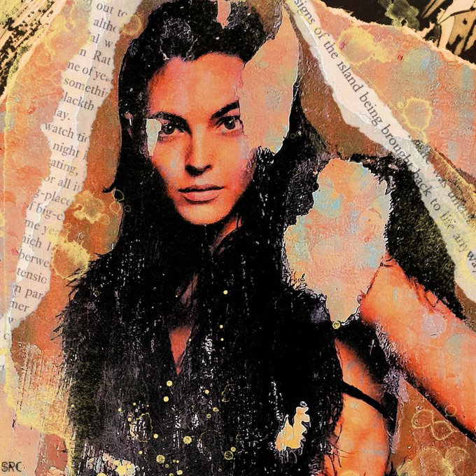 A mixed-media collage portrait of a woman with dark hair, overlaid on torn pages of printed text, with the letters 'SRC' in the bottom left corner.