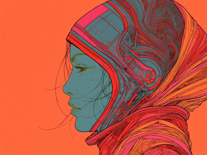A stylized side-profile illustration of a woman with teal skin wearing an intricate pink and red futuristic hood or headpiece with mechanical and flowing elements against an orange background.