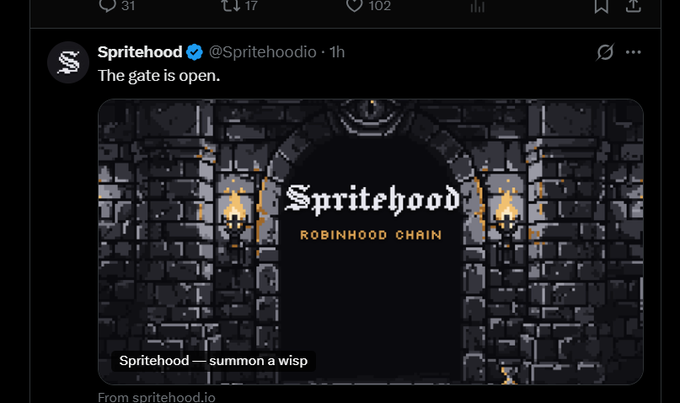 A tweet from verified account @Spritehoodio announces "The gate is open" alongside pixel-art branding for "Spritehood - Robinhood Chain" featuring a medieval dungeon gate and the tagline "Spritehood — summon a wisp." The post connects to the caption's commentary about a potential rug pull disguised as the next major crypto platform.