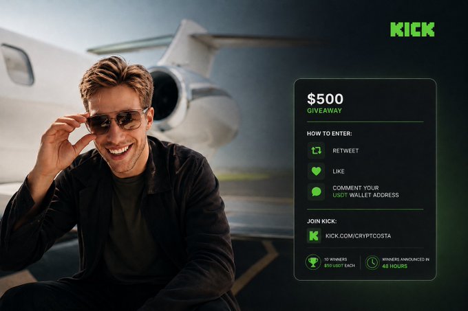 The image shows a smiling man in sunglasses posing in front of a private jet, alongside a Kick promotional graphic advertising a "$500 GIVEAWAY" with entry instructions to retweet, like, and comment a USDT wallet address, where 10 winners will receive $50 each with results announced in 48 hours via kick.com/cryptocosta. The post highlights the creator's appreciation for Kick's selective verification process ahead of the crypto giveaway promotion.