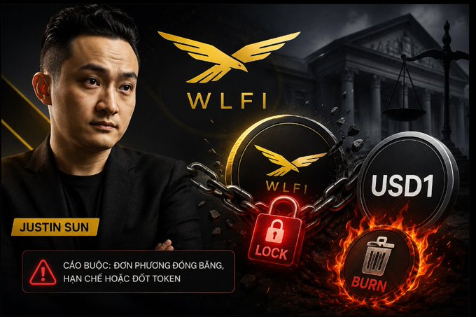 A graphic featuring Justin Sun next to WLFI and USD1 tokens, with Vietnamese text warning: 'CẢNH BÁO: DỰN PHƯƠNG ĐÔNG BẰNG, HẠN CHẾ HOẶC ĐỐT TOKEN'.